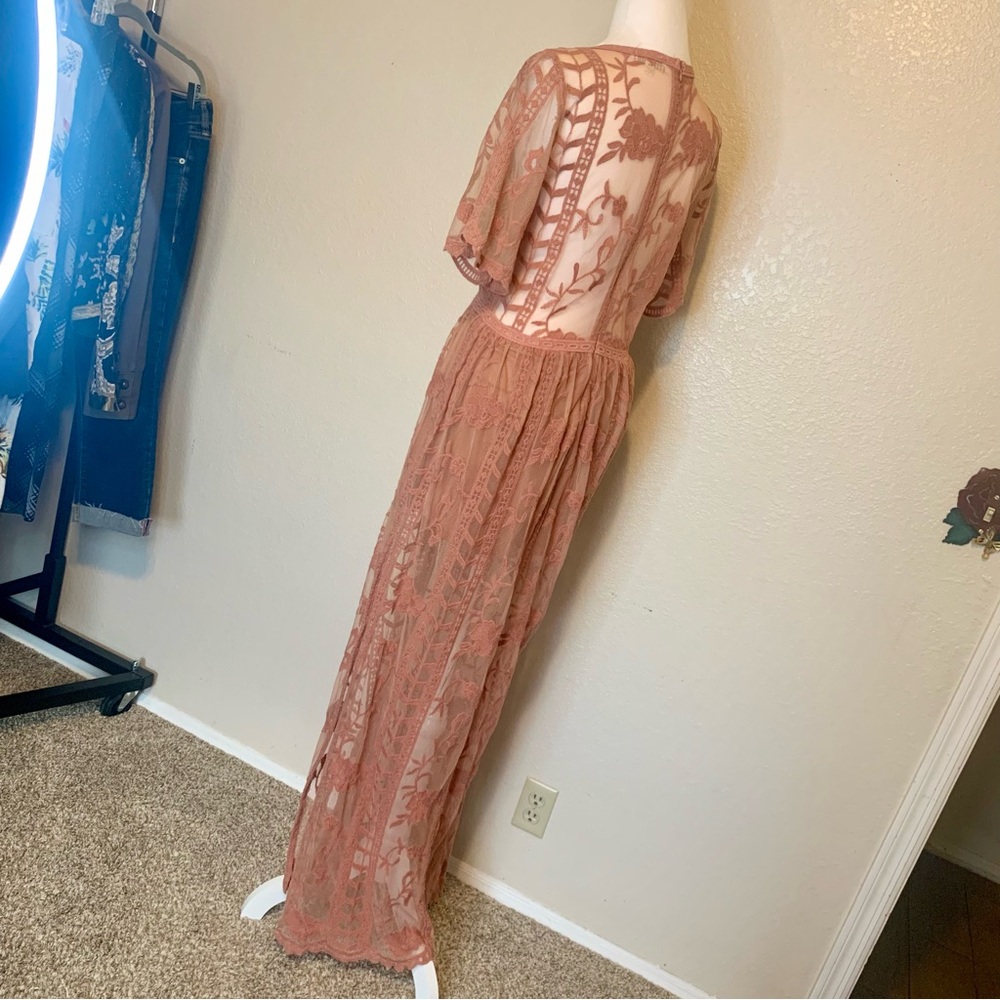 Socialite Nordstrom Lace Overlay Romper Boho Maxi Dress Dusty Pink Size Large - Picture 7 of 16